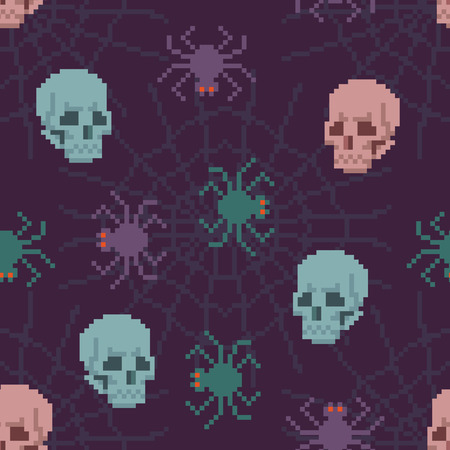 Pixel Seamless Spider Pattern with Skullsのイラスト素材