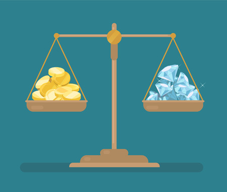 Coins and diamonds balance on the scaleのイラスト素材