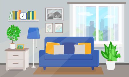 Room interior with blue sofa and windowのイラスト素材