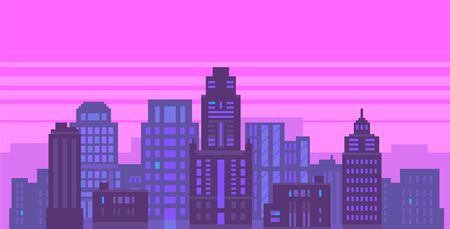 Pixel art neon night city with buildings panoramaのイラスト素材