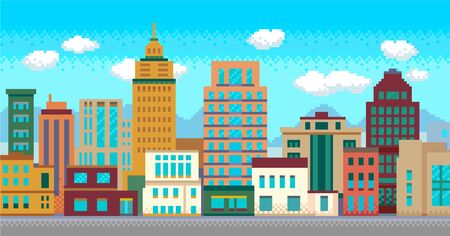 Pixel art modern city with buildings panoramaのイラスト素材