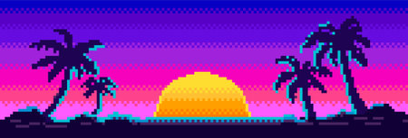 Sunrise with gradient and silhouette of palm trees in the background in 80s-90s neon noir style