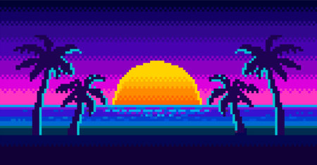 Sunrise on beach and silhouette of palm trees in the background in 80s-90s neon noir styleのイラスト素材