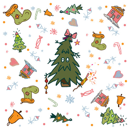 Funny Christmas tree and holiday attributesのイラスト素材