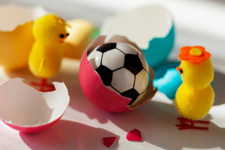 Two yellow chicks stand near a soccer ball in the background of an egg shellの写真素材
