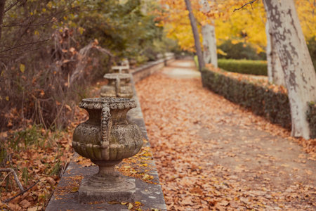 A stone wall with ornate vases and a hedge, bordering a path covered with yellow and orange autumn leaves. The serene beauty of autumn, nature, the seasons, and gardens.の写真素材