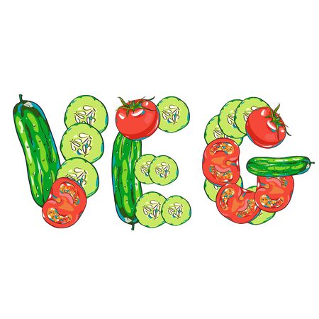 Vector vegetables set with tomatoes and cucumbers, hand drawn illustrationのイラスト素材
