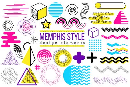 Abstract vector design elements set. Memphis style geometric shapes and forms collection to create poster, brochure, layout, template or presentation. Easy to combine and editの写真素材