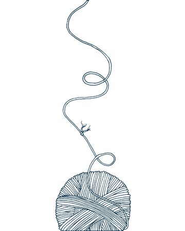 Vector yarn ball with long thread and knot. Hand drawn illustration for knitting and crochet classes projects, brochure, poster or coverの写真素材