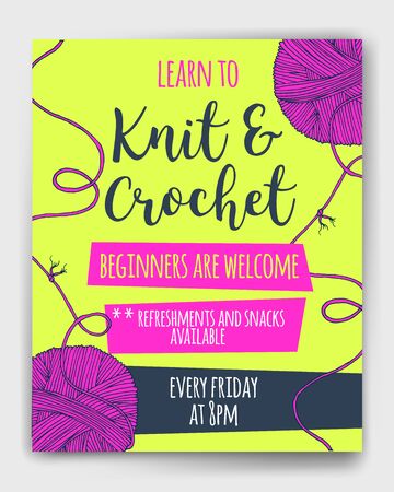 Vector yarn balls with long thread and knot mock up for knit and crochet classes poster or advertisement. Hand drawn illustration for brochure, poster or cover design. Made using clipping maskの写真素材
