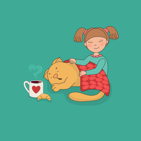 Vector illustration Girl hides blanket catのイラスト素材