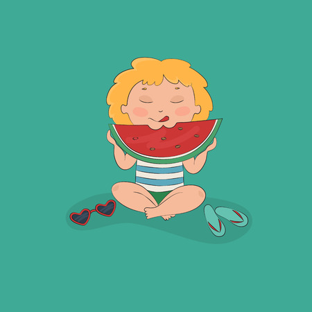 vector illustration of a girl eating watermelonのイラスト素材