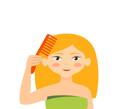 girl combing her hairのイラスト素材