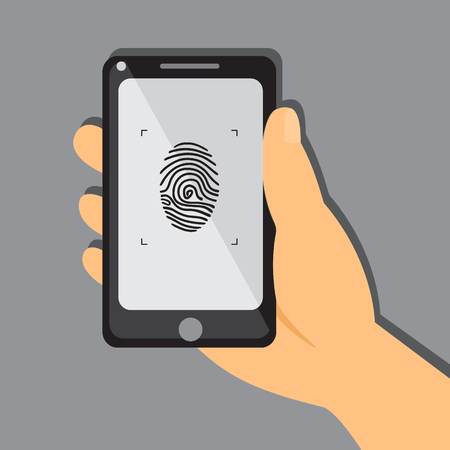 Vector illustration in flat style of identification of fingerprint on smartphoneのイラスト素材