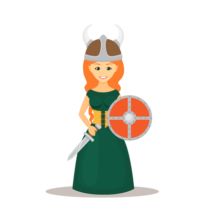 Viking woman with shield and sword illustration.のイラスト素材