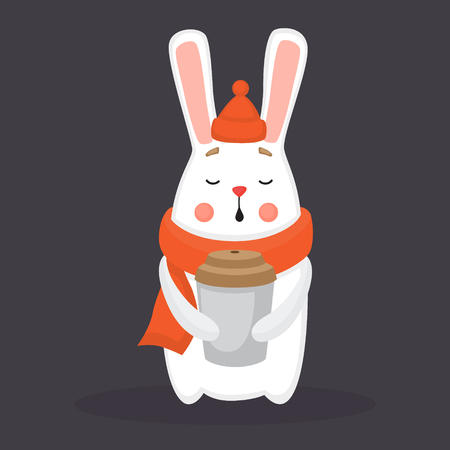 Rabbit in scarf and hat drinking coffeeのイラスト素材