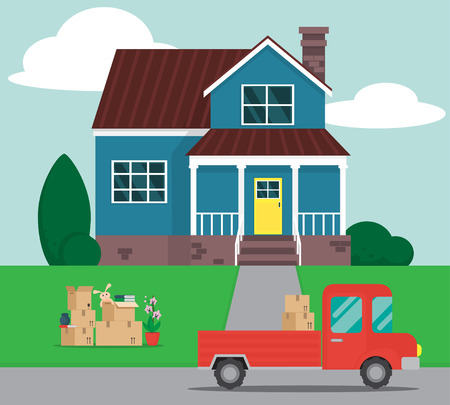 Moving House. Moving truck and cardboard boxes. のイラスト素材