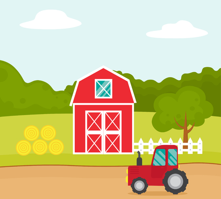 Vector flat illustration of a farm with a red tractorのイラスト素材
