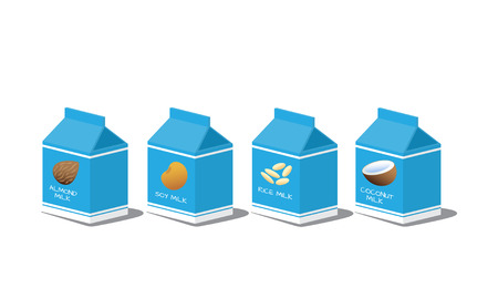 Packages with coconut, rice, soy, almond milk. Vector illustration.のイラスト素材