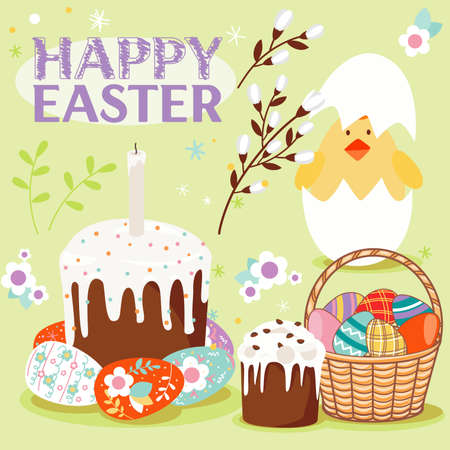 Happy easter set, willow branch, eggs, cake, circle frame. vector illustrations.のイラスト素材