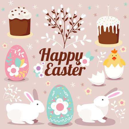 Happy easter set, willow branch, eggs, cake, circle frame. vector illustrations.のイラスト素材