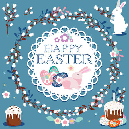 Happy easter set, willow branch, eggs, cake, circle frame. vector illustrations.のイラスト素材