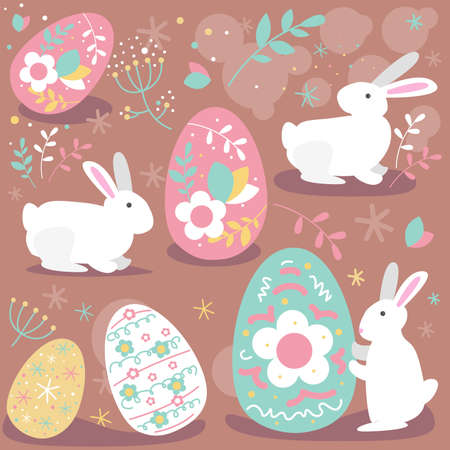 Happy easter set, willow branch, eggs, cake, circle frame. vector illustrations.のイラスト素材