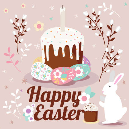 Happy easter set, willow branch, eggs, cake, circle frame. vector illustrations.のイラスト素材