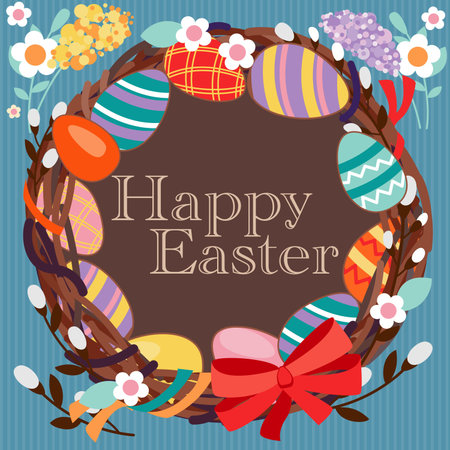 Happy easter set, willow branch, eggs, cake, circle frame. vector illustrations.のイラスト素材