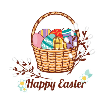Happy easter set, willow branch, eggs, cake, circle frame. vector illustrations.のイラスト素材