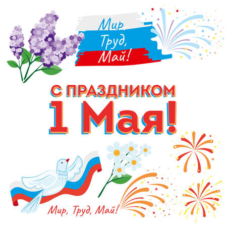 May 1. International Labor Day. Russia. Lettering text in Russian: "Happy holiday 1 May! Peace Labor May!" Flowers, pigeons and fireworks.のイラスト素材
