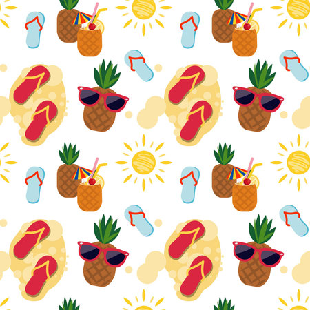 Seamless pattern with sun and beach accessories, pineapple with glasses. Vector illustration for...