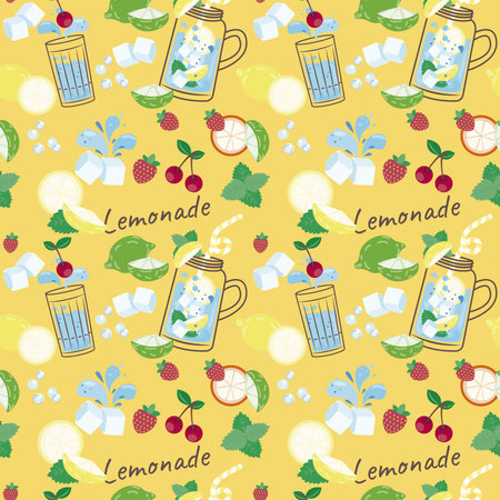 Summer seamless pattern. Lemonade. Bottle, glass, ice, lemon. Hand drawn cute trendy vector...