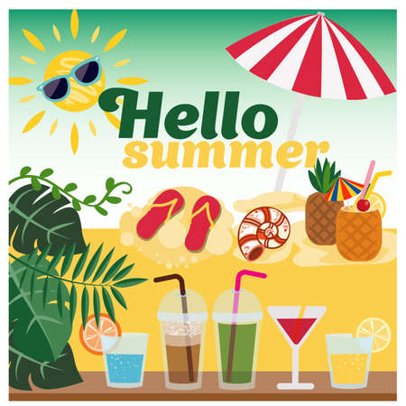 Hello summer beach holidays. Sea cocktails, sunglasses, sun and spanking. Umbrella. bar. vacations.のイラスト素材