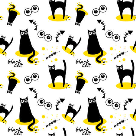 Seamless pattern of cute cartoon black cat on white background. For kids fabrics and designs.のイラスト素材