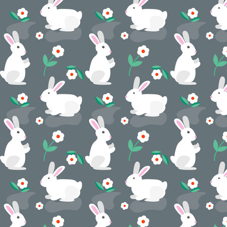 Rabbits with flower. Vector seamless pattern of cute cartoon bunny.のイラスト素材