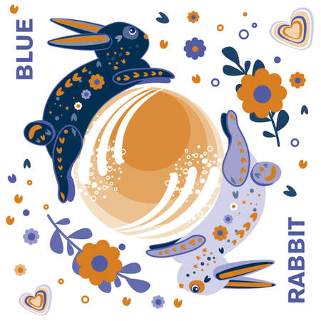 Happy 2023 Chinese New Year the year of the Rabbit. Holiday cute design with bunny character and flowers. Couple of Blue rabbits.のイラスト素材