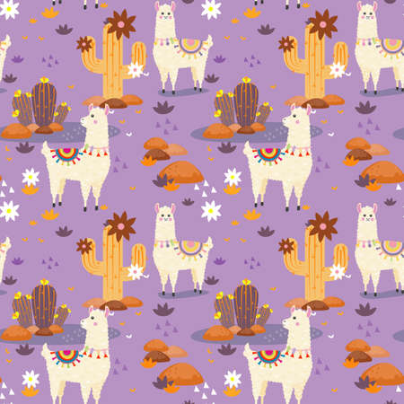 Ð¡ute cartoon Alpacas, flowers and Cactus. Seamless pattern. Peru landscape.のイラスト素材