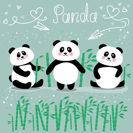 Vector illustration, cute panda with bamboo, panda lettering.のイラスト素材