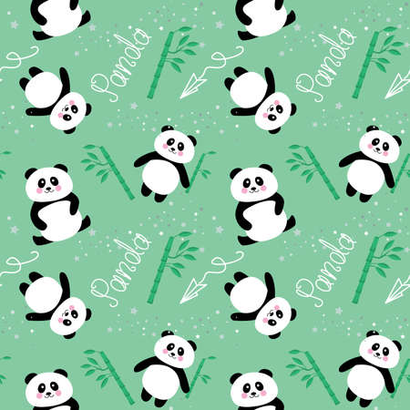 Seamless pattern, cute panda with bamboo, panda lettering.のイラスト素材
