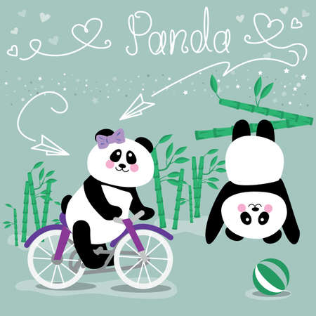Vector illustration, cute panda with bamboo, panda lettering, panda rides a bike.のイラスト素材