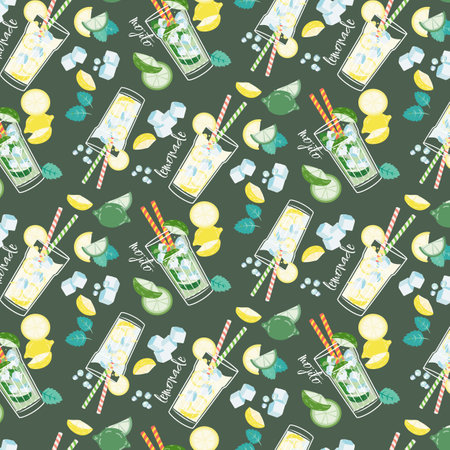 Mojito hand draw seamless pattern. Glass of mojito with ice cubes, mint leaves and lime outline. vector illustration.のイラスト素材