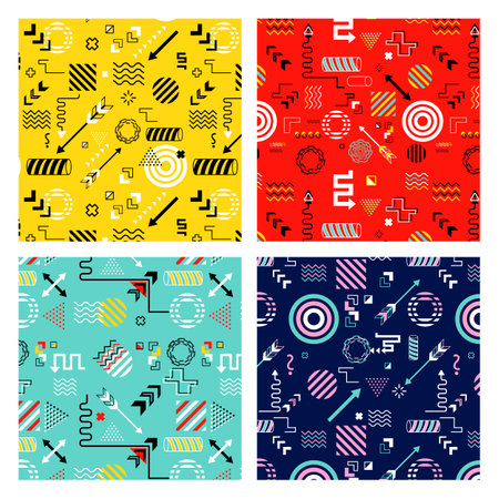 Set of vector seamless patterns with geometric shapes. Hipster fashion Memphis style.のイラスト素材