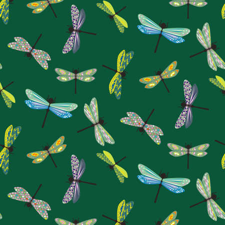 Cute Dragonfly, seamless pattern, Housefly Insect Vector Drawing, colorful design. On dark green background.のイラスト素材