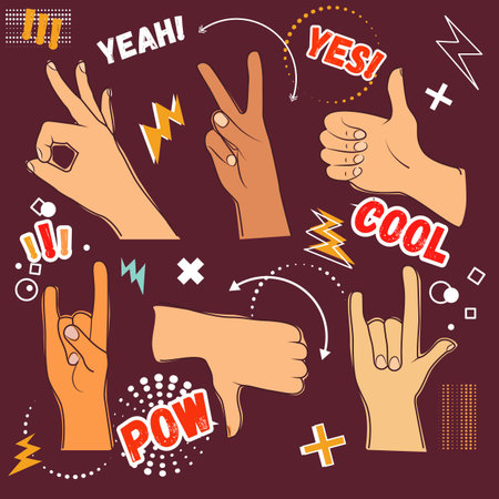 Set of hands showing different gestures isolated on a brown background. Vector flat illustration of female and male hands. vector icon illustrationのイラスト素材