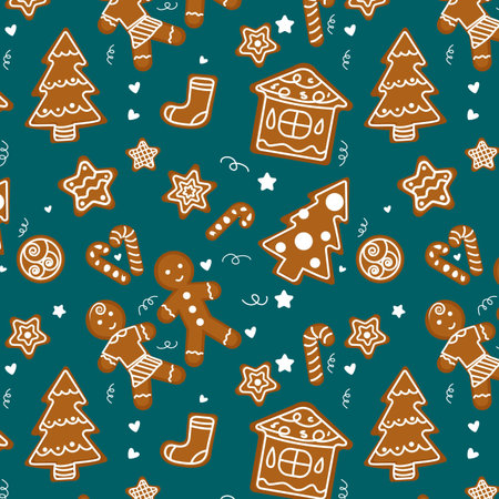 Gignerbread flat hand drawn seamless pattern. Ideal for wallpaper, textile, backdrop, wrapping paper. pattern design. Holiday new year christmas style scandinvian background.のイラスト素材