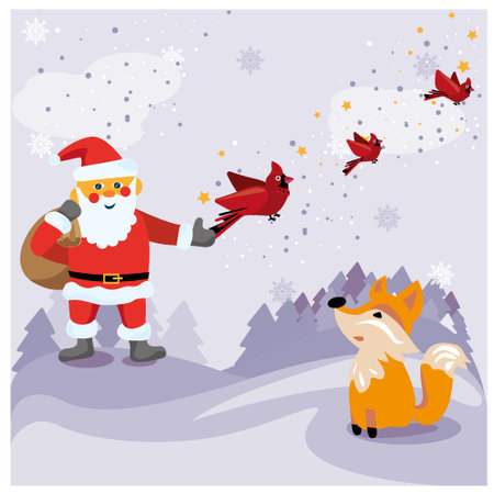 Santa Claus with fox and birds. Red cardinal. North landscape. vector illustration.のイラスト素材