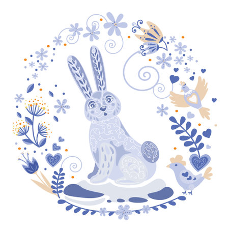 Happy 2023 Chinese New Year the year of the Rabbit. Holiday cute vector illustration with bunny character and flowers.のイラスト素材