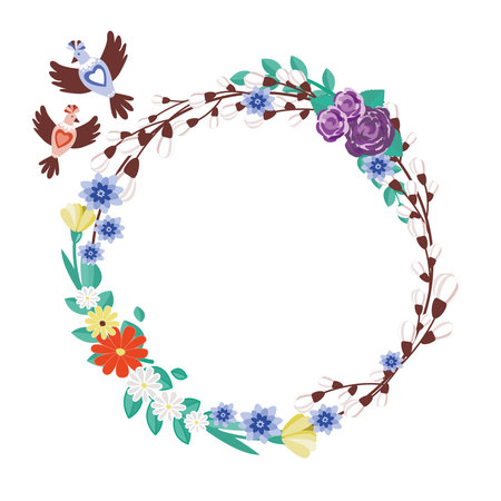 Happy Easter, decorated Easter card, banner. Folk style design. Flowers and willow branch circle frame.のイラスト素材