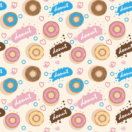 Sweet glazed donuts seamless pattern on beige backgroundのイラスト素材
